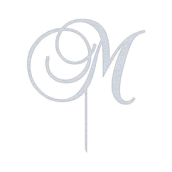 An aluminum cake topper featuring the letter 'M' in a swirling script style. The design includes intricate cutouts and elegant curves, with a stake for easy insertion into a cake. Displayed against a black background, highlighting its metallic finish.